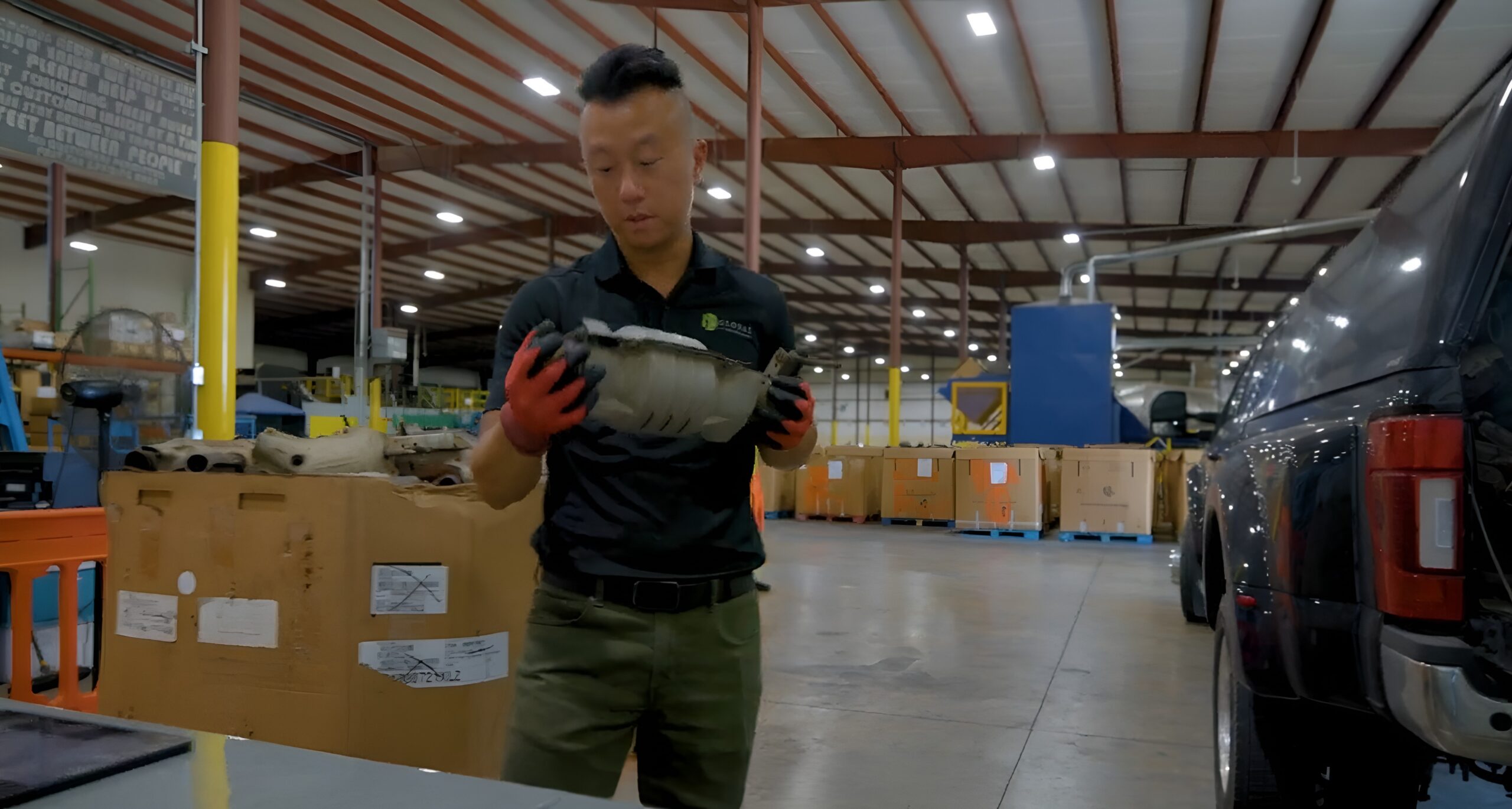 worker holding catalytic converter